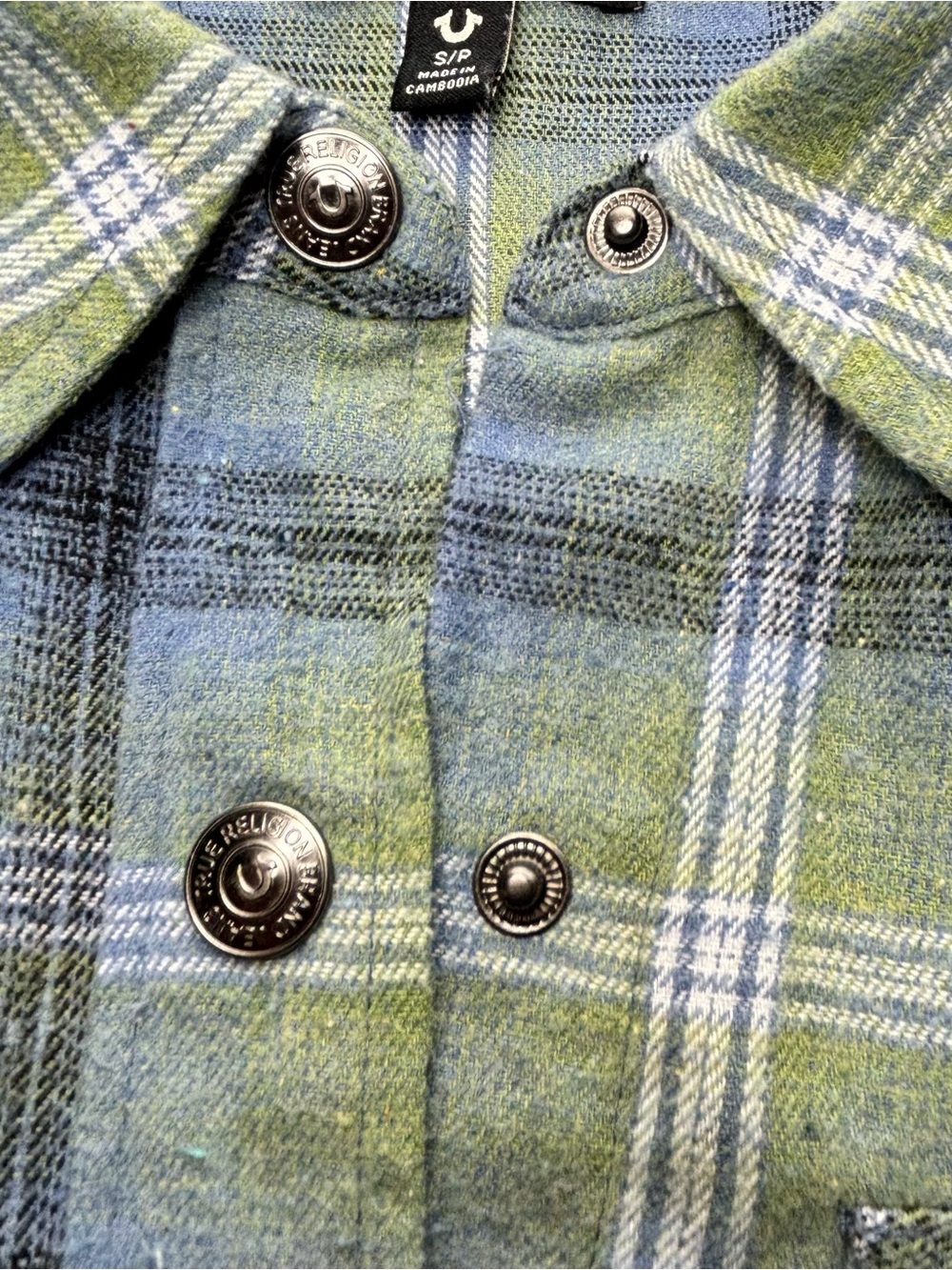 True Religion Plaid Flannel Shirt Horseshoe Logo Rhinestone Back Small - Picture 14 of 14